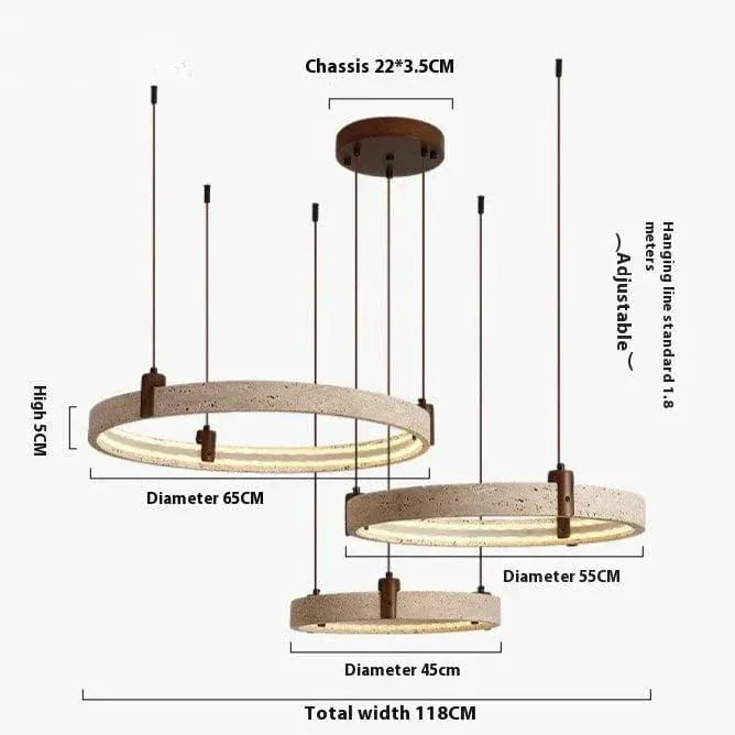 BE SHINE Suspension pierre de travertin anneaux led 3 ANNEAUX 45 55 65cm / LUMIÈRE FROIDE 6000K