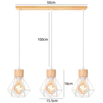BE SHINE Suspension 3 lampes industrielle ornée de bois base longue 3 TÊTE BAMBOU BLANC