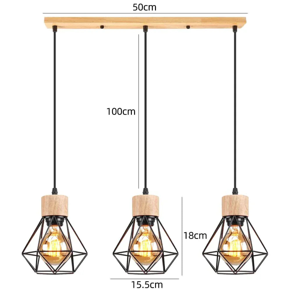 BE SHINE Suspension 3 lampes industrielle ornée de bois base longue 3 TÊTES BAMBOU NOIR