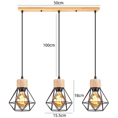 BE SHINE Suspension 3 lampes industrielle ornée de bois base longue 3 TÊTES BAMBOU NOIR