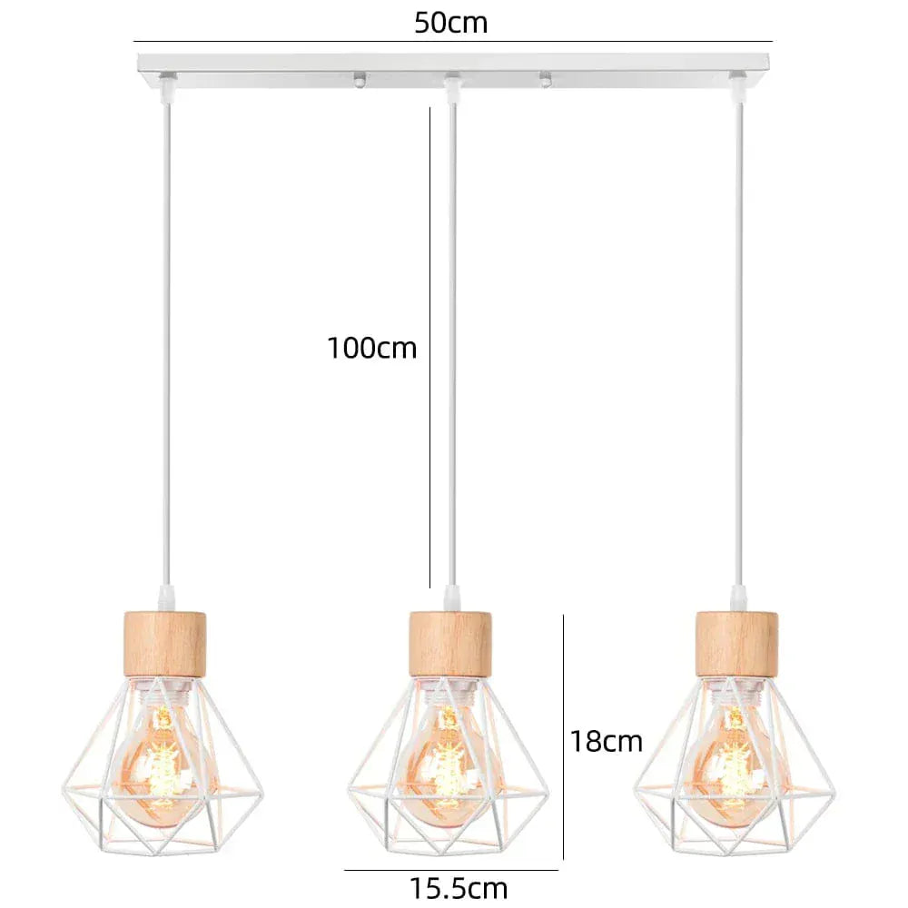 BE SHINE Suspension 3 lampes industrielle ornée de bois base longue 3 TÊTES BLANC