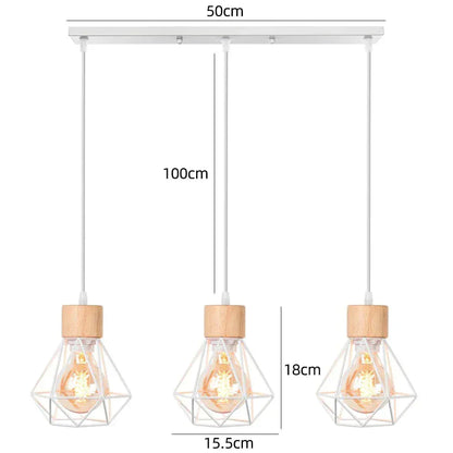 BE SHINE Suspension 3 lampes industrielle ornée de bois base longue 3 TÊTES BLANC