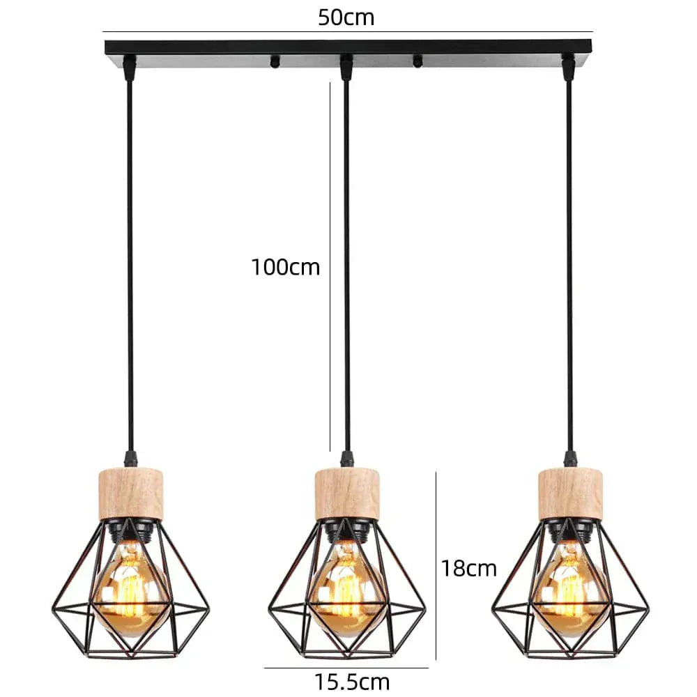 BE SHINE Suspension 3 lampes industrielle ornée de bois base longue 3 TÊTES NOIR