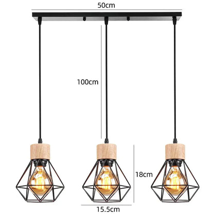 BE SHINE Suspension 3 lampes industrielle ornée de bois base longue 3 TÊTES NOIR