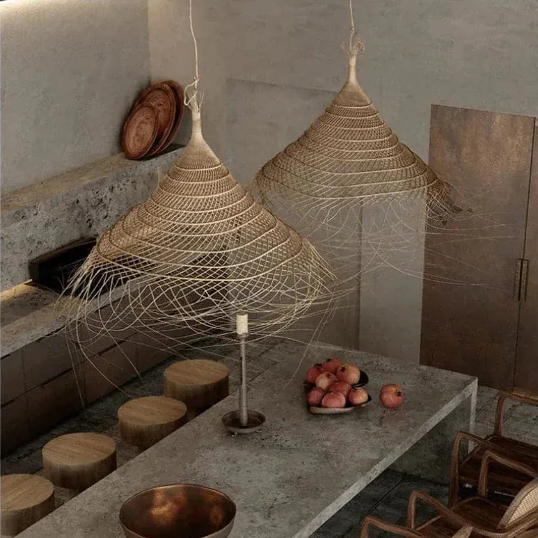 BE SHINE Suspension chapeau fibre de bambou tressé 30 CM / TRICOLORE DIMMABLE ( CHAUD FROID NEUTRE )