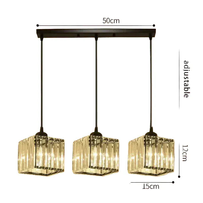 BE SHINE Suspension 3 lampes cube en verre côtelé NOIR 3 LAMPES ABAT-JOUR CUBE BASE LONGUE