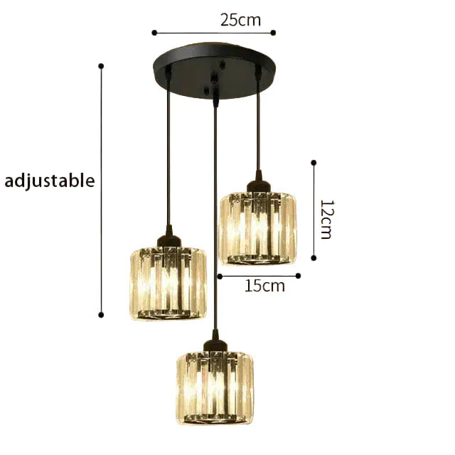 BE SHINE Suspension 3 lampes cube en verre côtelé NOIR 3 LAMPES ABAT-JOUR ROND BASE RONDE