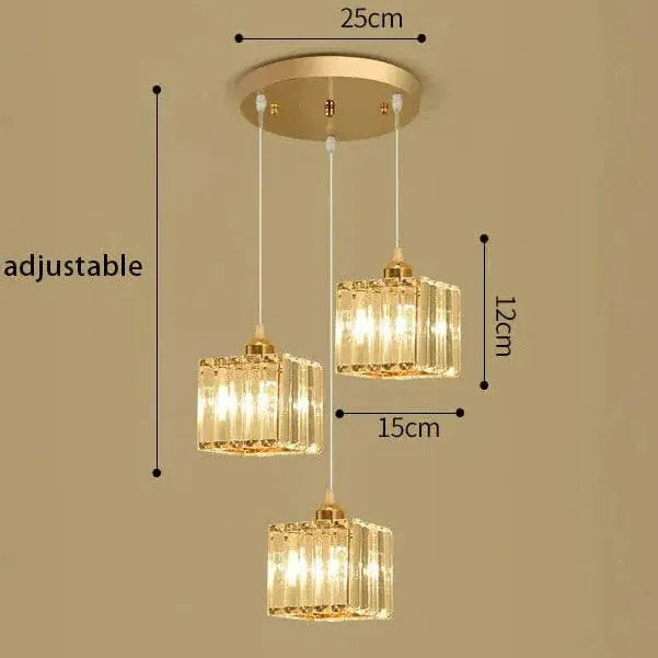 BE SHINE Suspension 3 lampes cube en verre côtelé OR 3 LAMPES ABAT-JOUR CUBE BASE RONDE