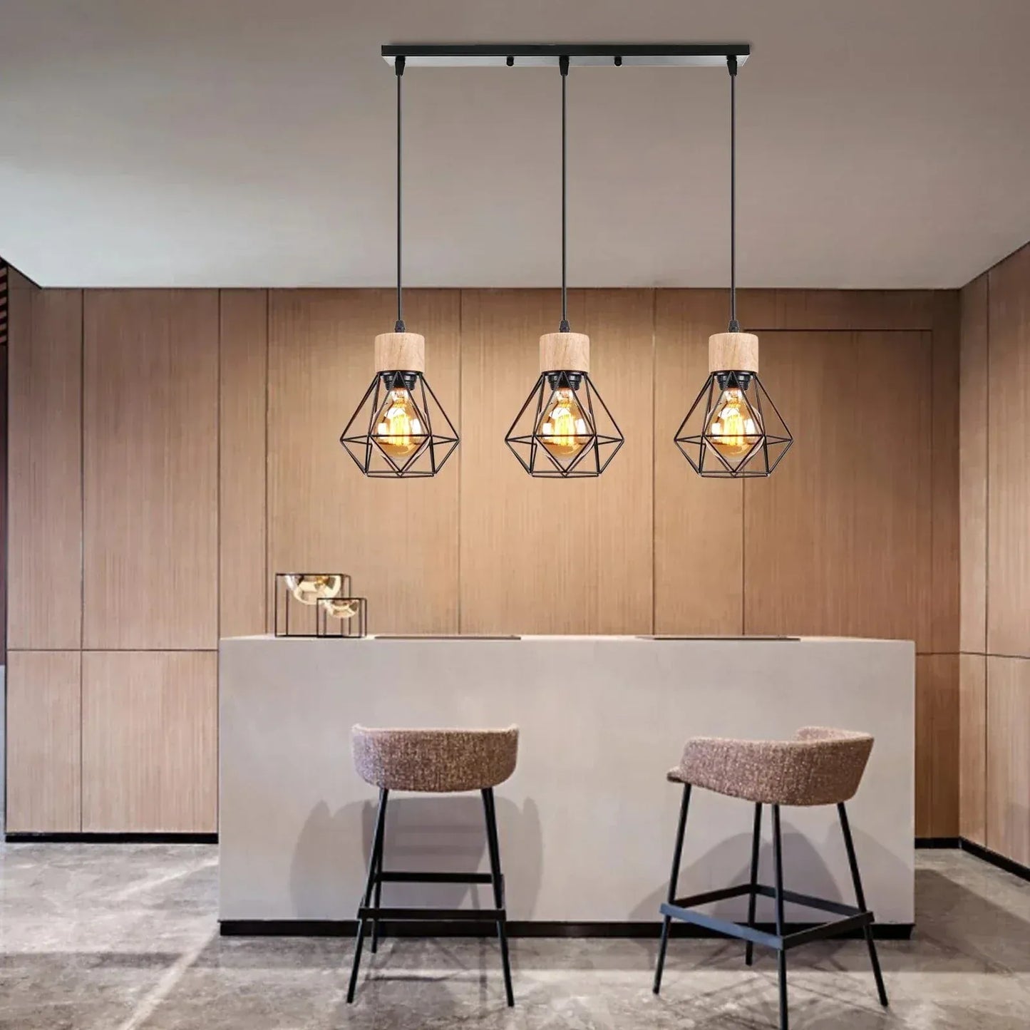 BE SHINE Suspension 3 lampes industrielle ornée de bois base longue