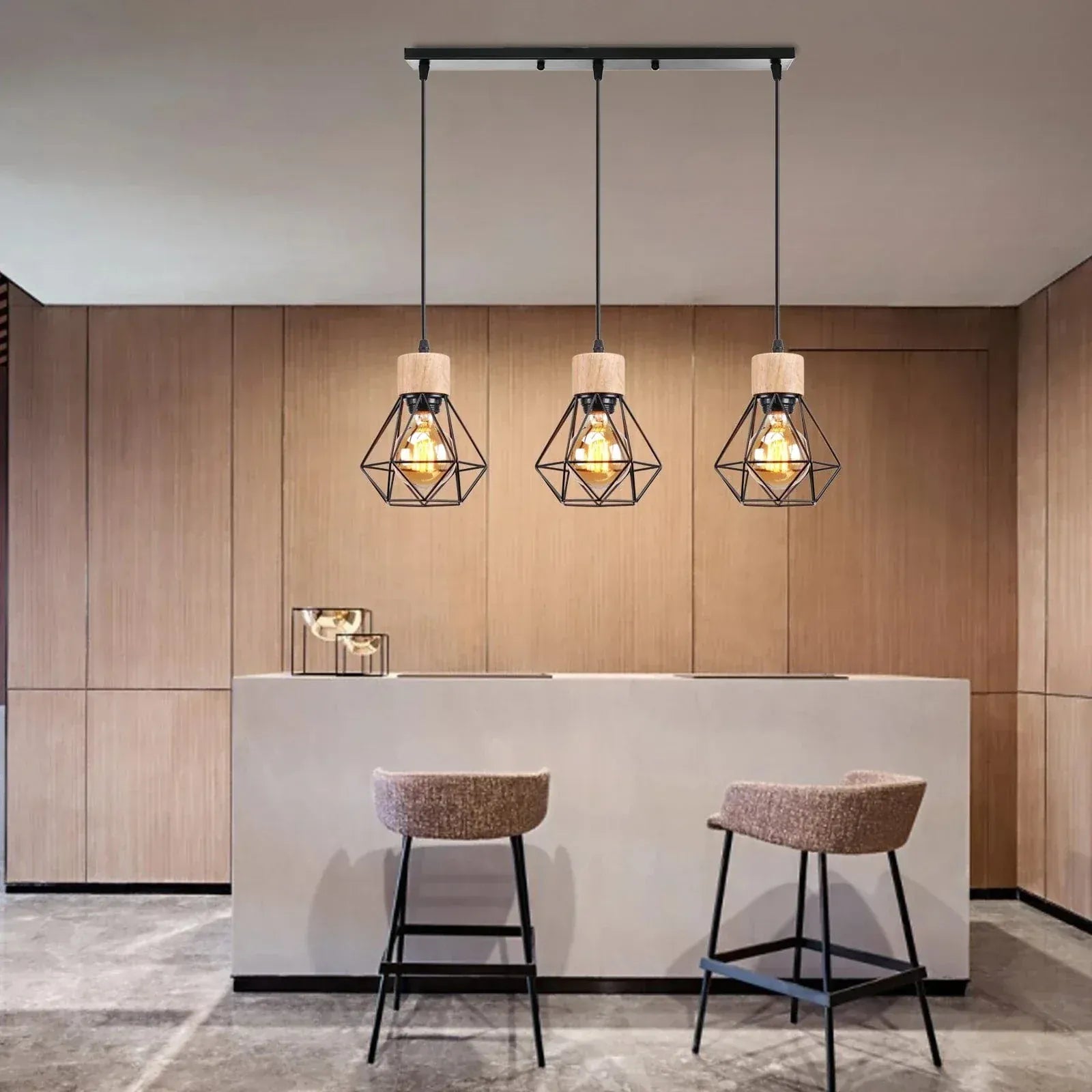 BE SHINE Suspension 3 lampes industrielle ornée de bois base longue