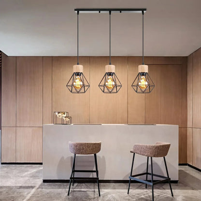 BE SHINE Suspension 3 lampes industrielle ornée de bois base longue