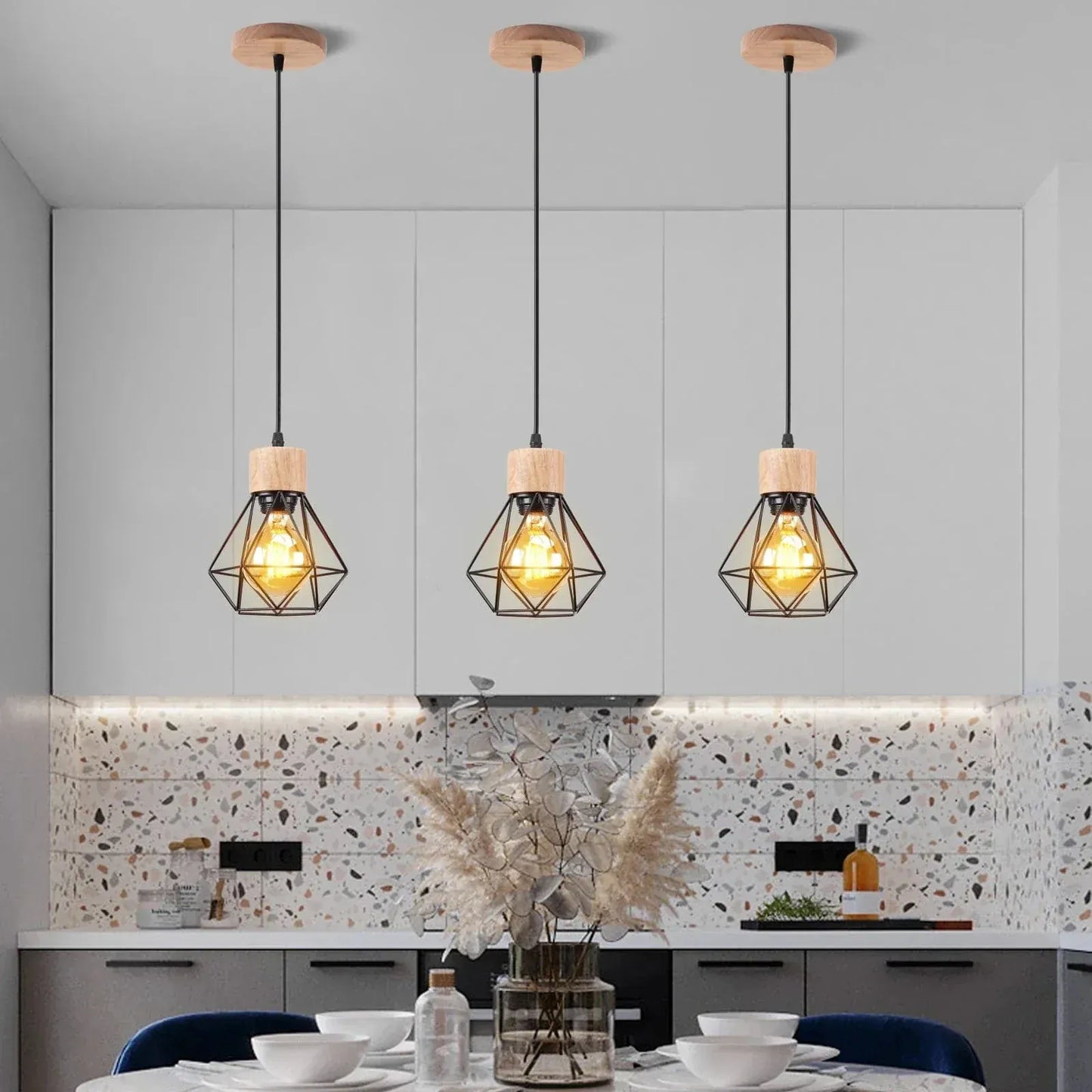 BE SHINE Suspension 3 lampes industrielle ornée de bois base longue