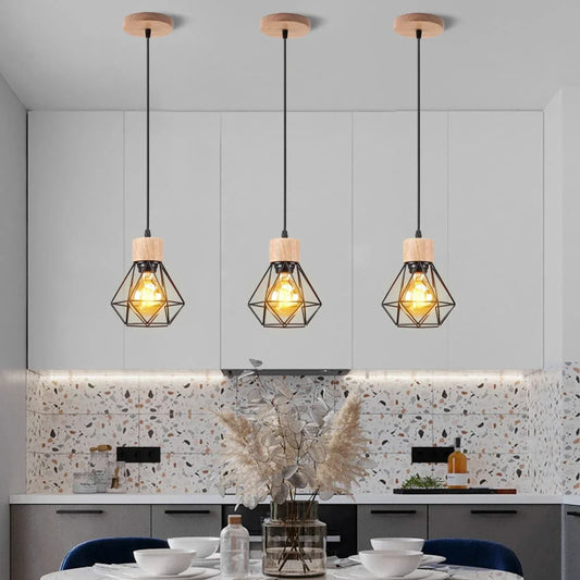 BE SHINE Suspension 3 lampes industrielle ornée de bois base longue