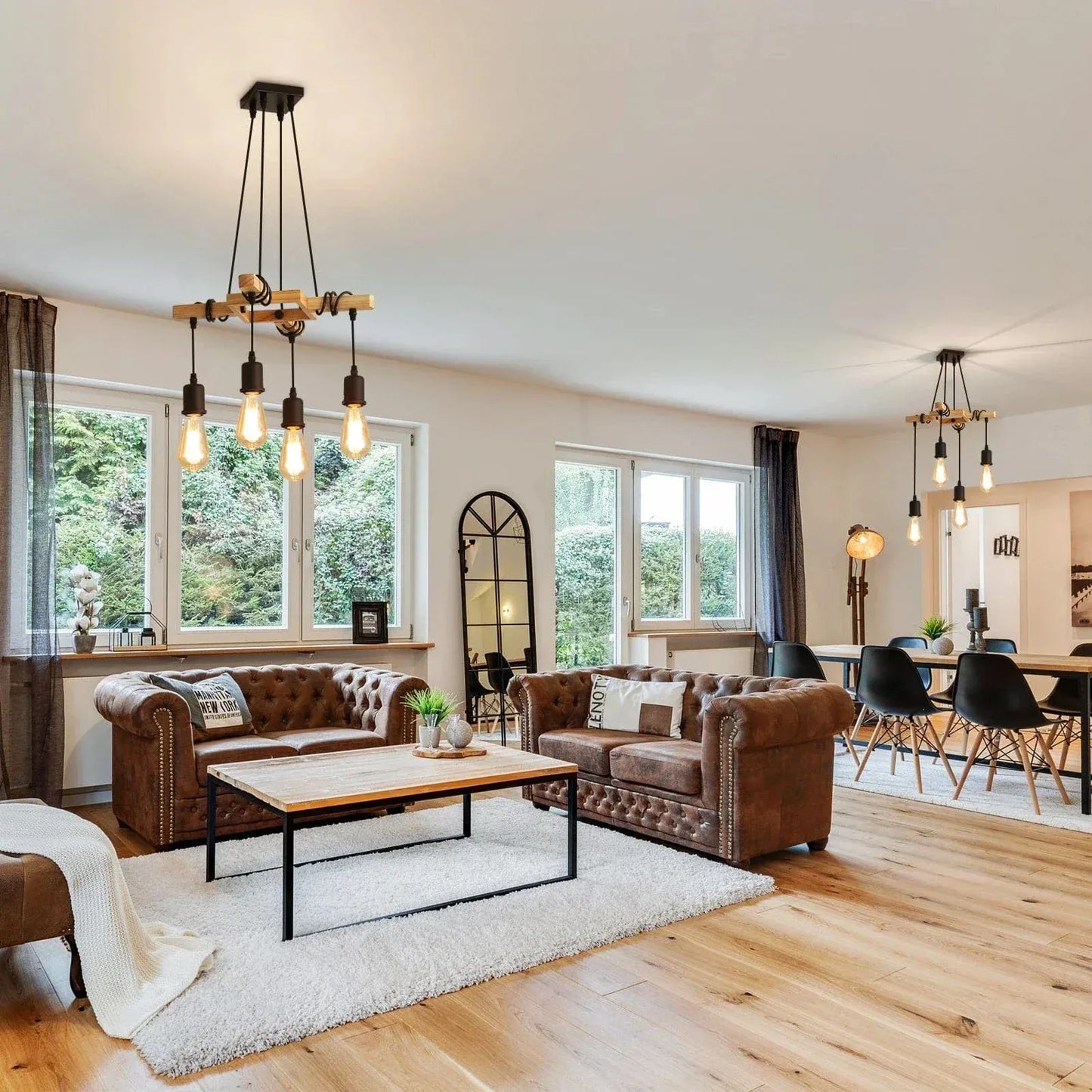 BE SHINE Suspension 4 lampes en bois ampoule Edison