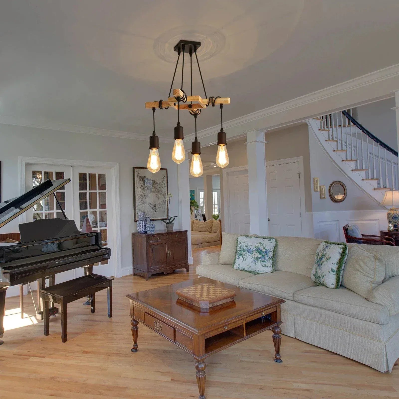 BE SHINE Suspension 4 lampes en bois ampoule Edison