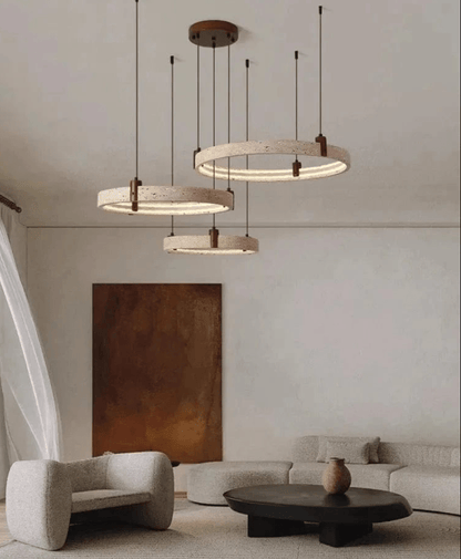 BE SHINE Suspension pierre de travertin anneaux led
