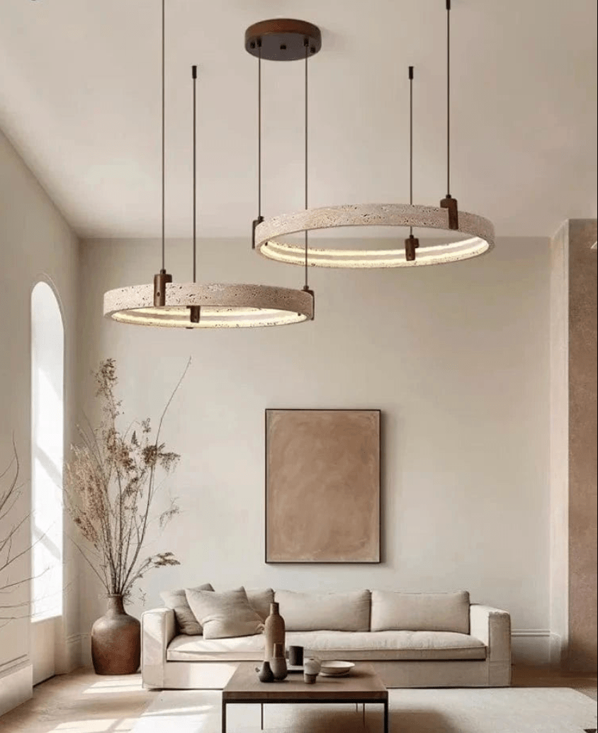 BE SHINE Suspension pierre de travertin anneaux led