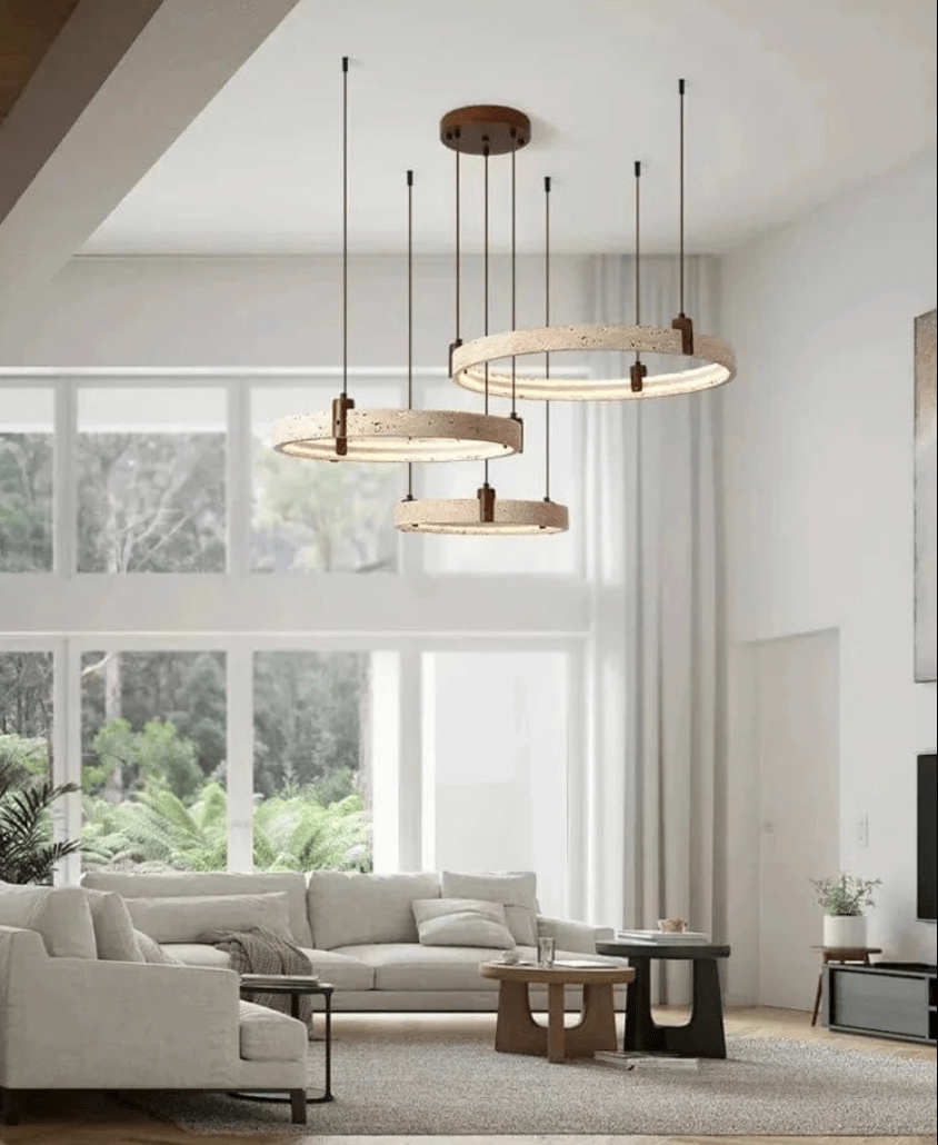BE SHINE Suspension pierre de travertin anneaux led