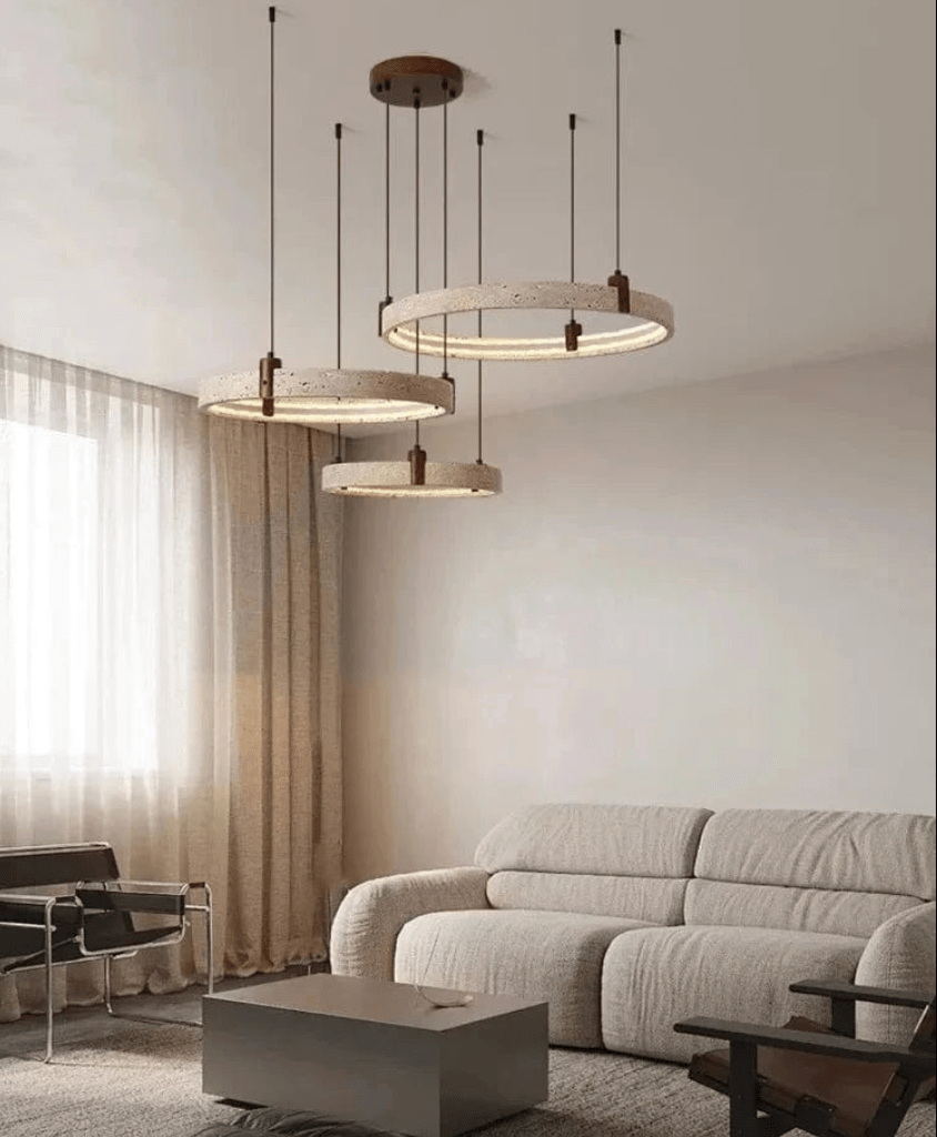BE SHINE Suspension pierre de travertin anneaux led