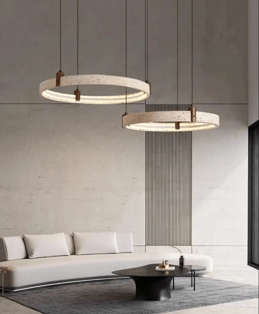 BE SHINE Suspension pierre de travertin anneaux led