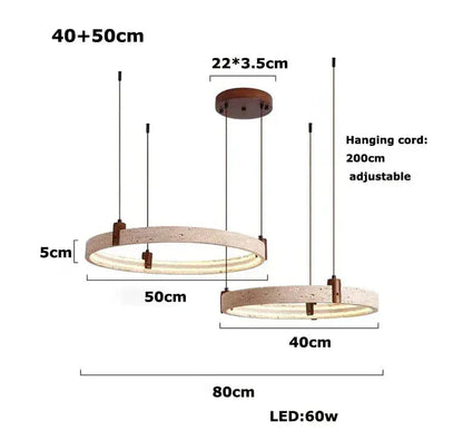 Eclairage suspension Suspension pierre de travertin anneaux led 2 ANNEAUX 40 50cm / LUMIÈRE FROIDE 6000K