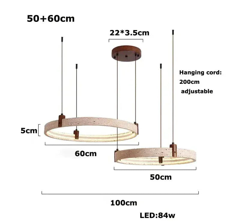 Eclairage suspension Suspension pierre de travertin anneaux led 2 ANNEAUX 50 60cm / LUMIÈRE FROIDE 6000K