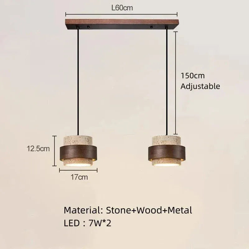Eclairage suspension Suspension pierre de travertin orné de bois couleur ébène 2 LAMPES
