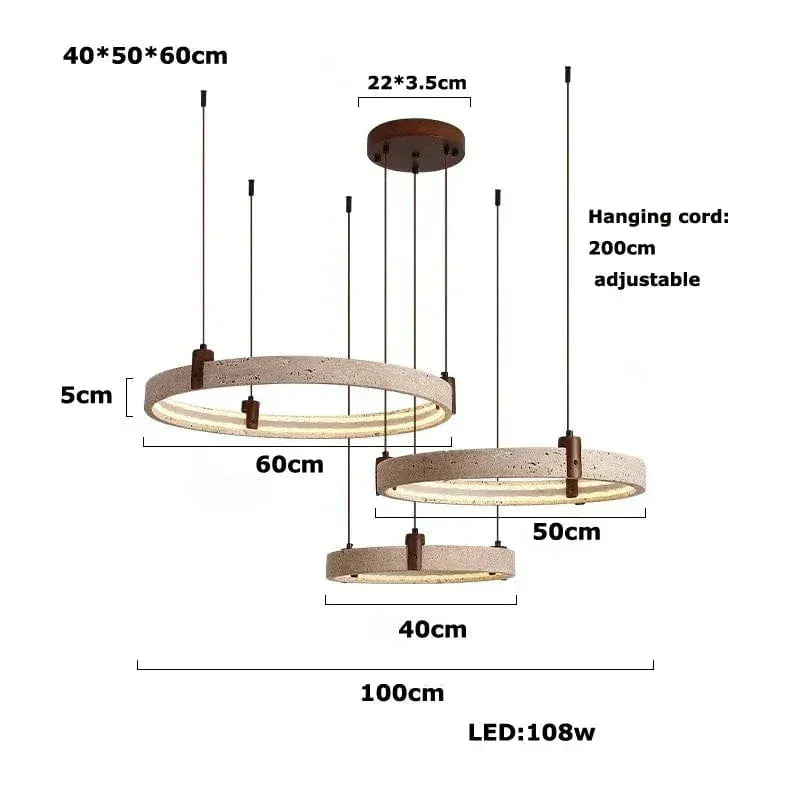 Eclairage suspension Suspension pierre de travertin anneaux led 3 ANNEAUX 40 50 60cm / LUMIÈRE FROIDE 6000K