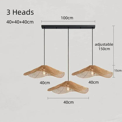 Eclairage suspension Suspension paille rotin 3 TÊTE LONG DIAMÈTRE 40 CM / LUMIÈRE NEUTRE