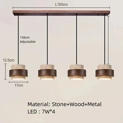Eclairage suspension Suspension pierre de travertin orné de bois couleur ébène 4 LAMPES