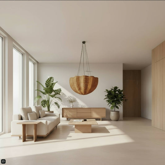 Eclairage suspension Suspension en rotin parapluie DIAMÈTRE - 75 CM HAUTEUR 35cm / LUMIÈRE FROIDE 6000K