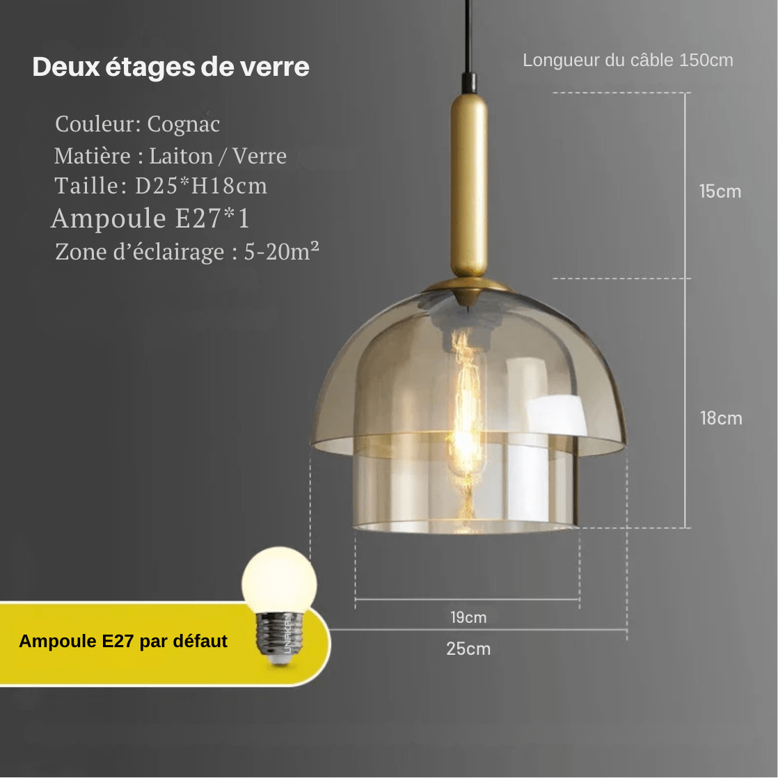 Eclairage suspension Suspension verre fumé gris DOUBLE