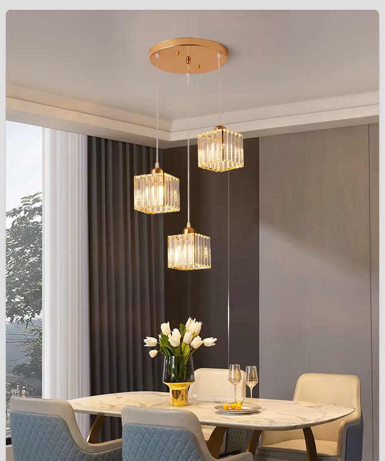 Eclairage suspension Suspension 3 lampes cube en verre côtelé