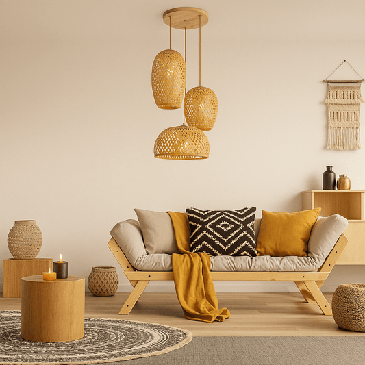 Eclairage suspension Suspension 3 lampes en rotin