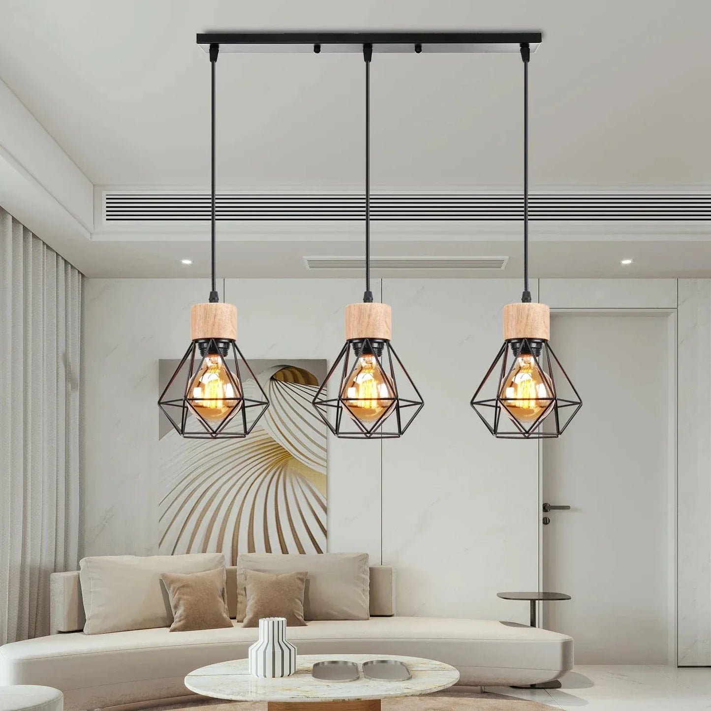 Eclairage suspension Suspension 3 lampes industrielle ornée de bois base longue