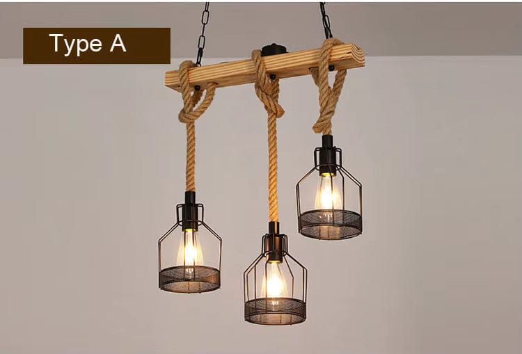 Eclairage suspension Suspension 3 lampes industrielles avec cordage