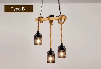Eclairage suspension Suspension 3 lampes industrielles avec cordage