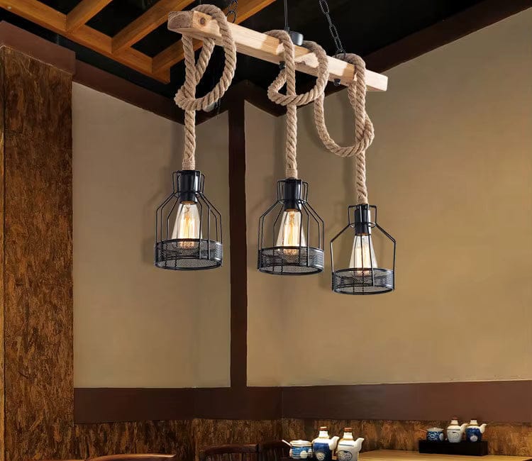 Eclairage suspension Suspension 3 lampes industrielles avec cordage