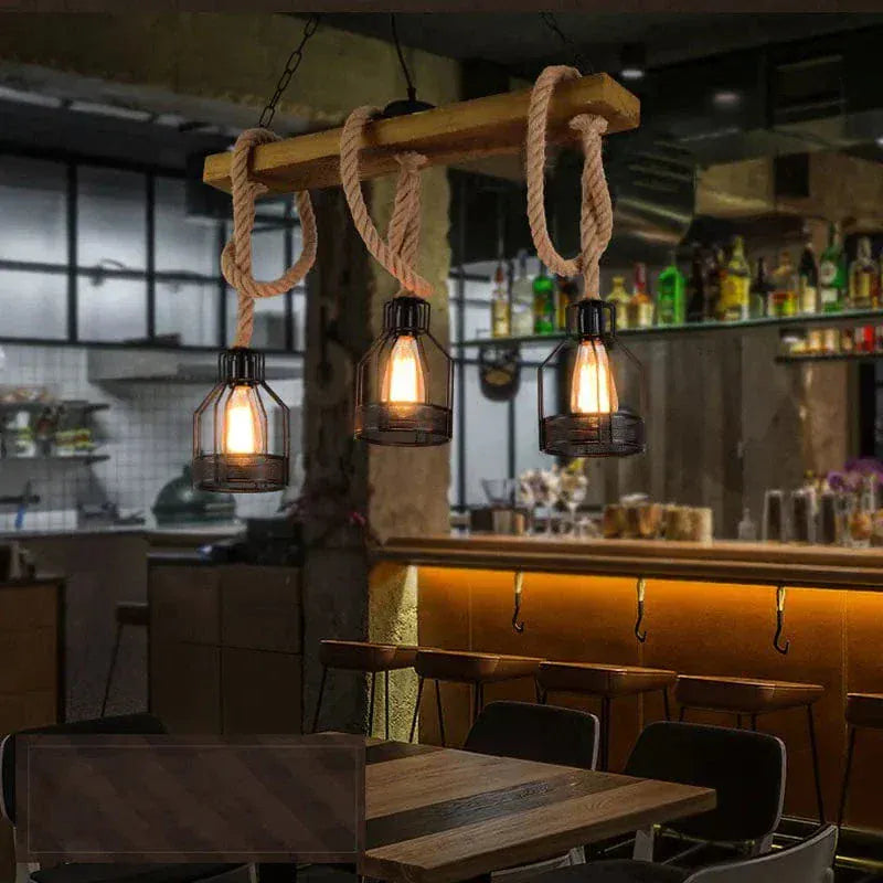 Eclairage suspension Suspension 3 lampes industrielles avec cordage