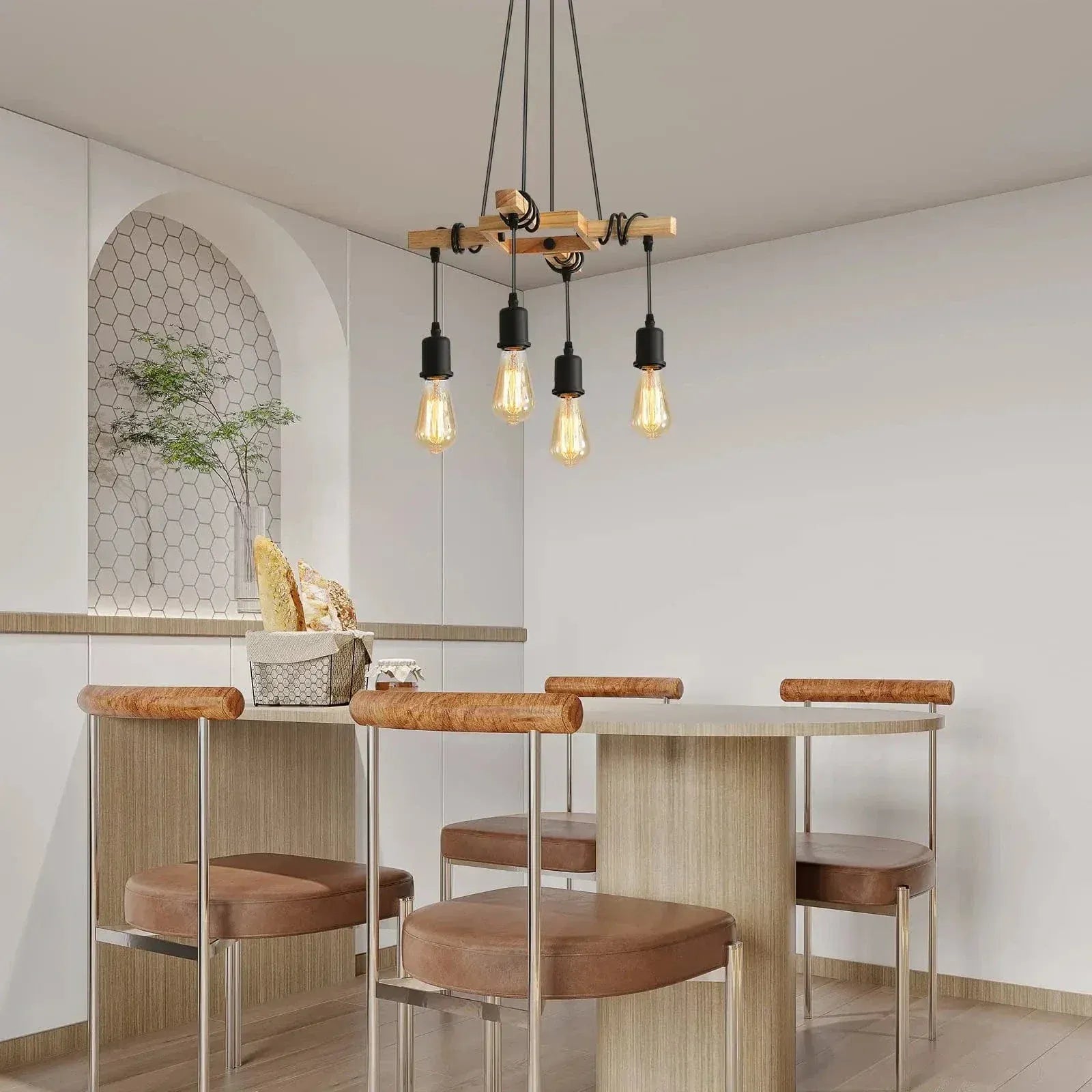 Eclairage suspension Suspension 4 lampes en bois ampoule Edison