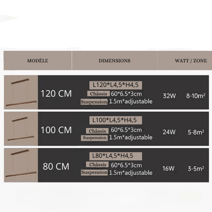 Eclairage suspension Suspension barre LED en bois