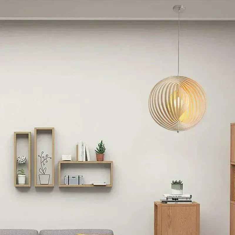Eclairage suspension Suspension boule en bois