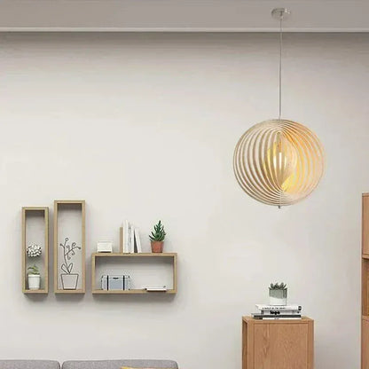 Eclairage suspension Suspension boule en bois