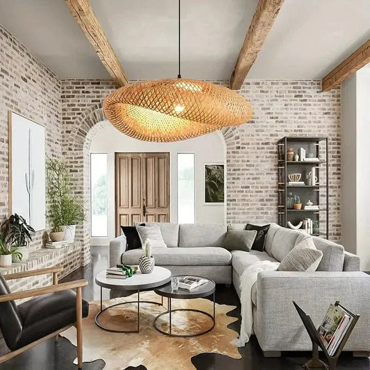 Eclairage suspension Suspension en bambou tressé ondulée