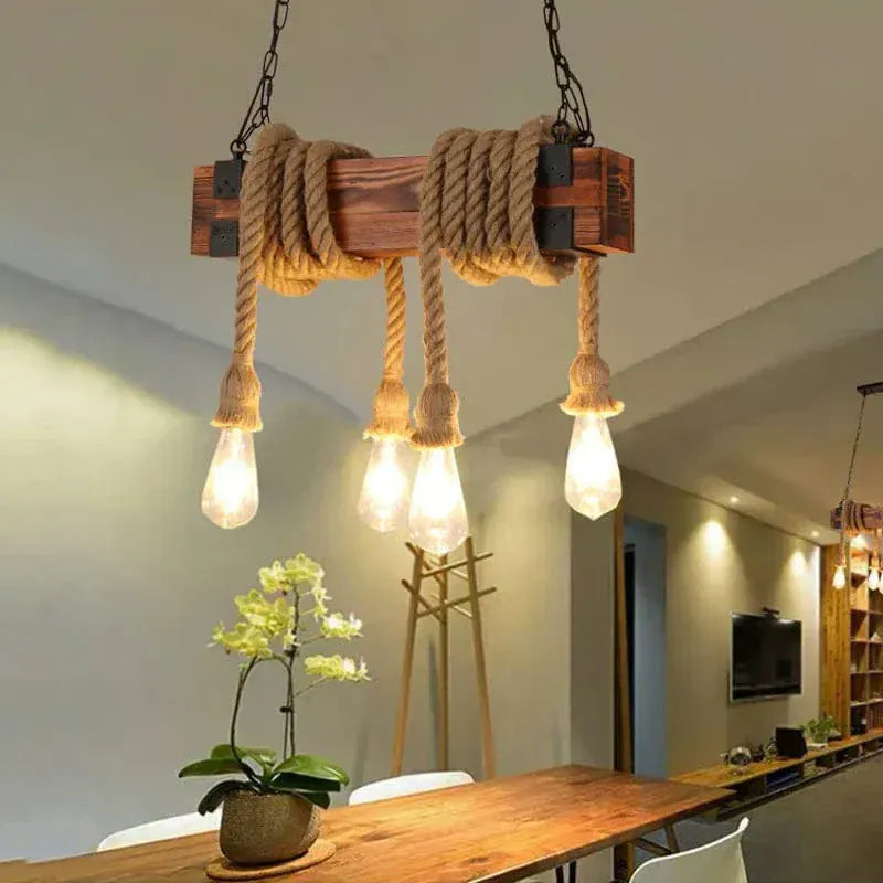 Eclairage suspension Suspension en bois rustique avec corde