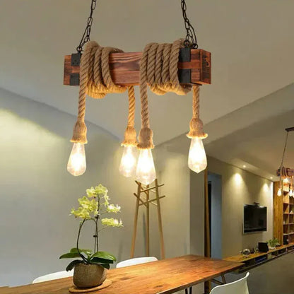 Eclairage suspension Suspension en bois rustique avec corde