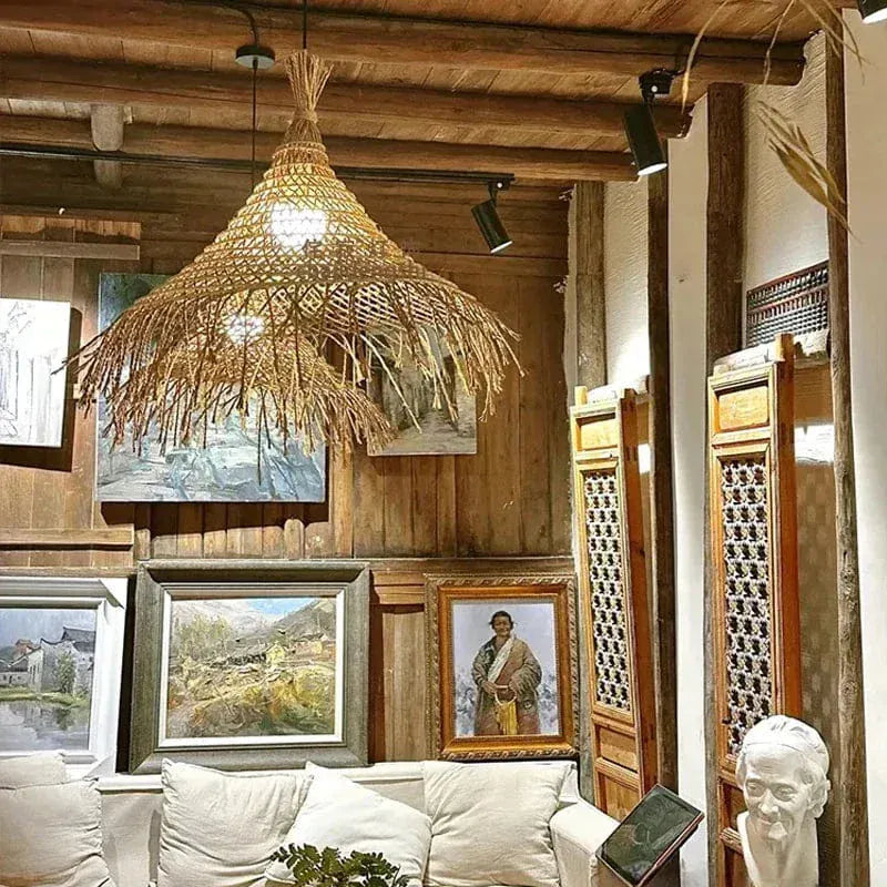 Eclairage suspension Suspension en paille style Wabi-Sabi