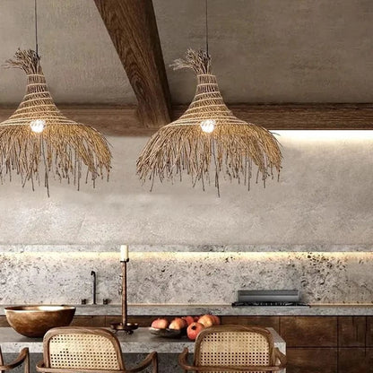Eclairage suspension Suspension en paille style Wabi-Sabi