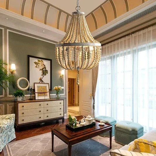 Eclairage suspension Suspension en perle de bois style baroque