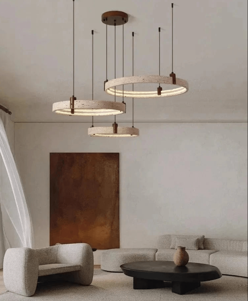 Eclairage suspension Suspension pierre de travertin anneaux led